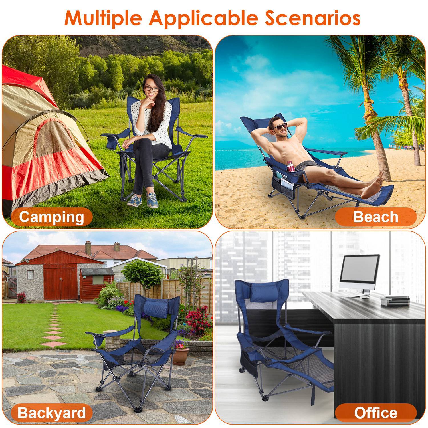 Foldable Camping Chair /Chair With Reclining Backrest Angle Cup Holder -Pillow Side Pocket- Carry Bag