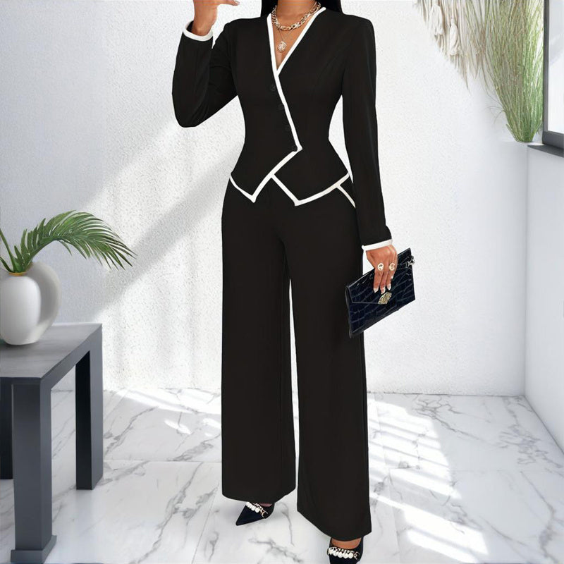 Two-Piece V-Neck Long Sleeve Blouse  & Straight Leg Wide Pants Set - Office Wear Suit For Spring&Fall