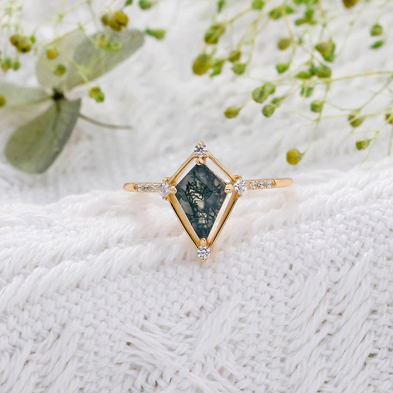 French Entry Lux Vintage S925 Silver Plating 14K Gold Water Plants Agate Ring