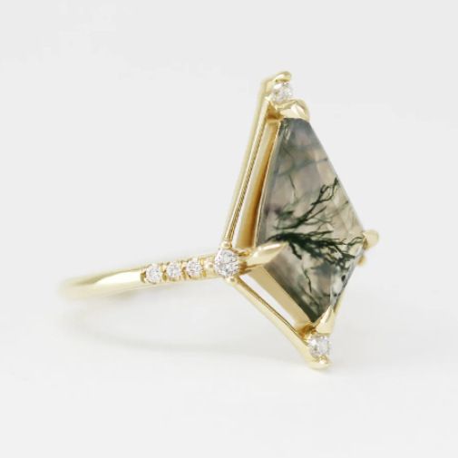 French Entry Lux Vintage S925 Silver Plating 14K Gold Water Plants Agate Ring