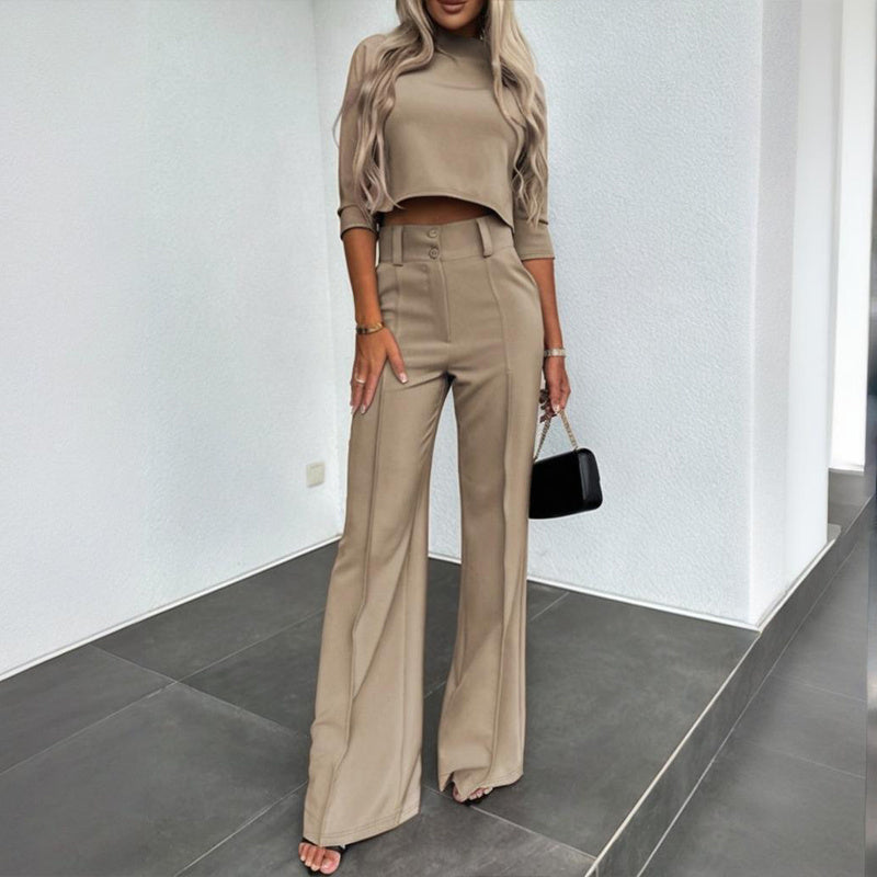 Half Sleeve Short Top With Straight Leg Pants /Two-Piece Office Wear Suit With Pockets