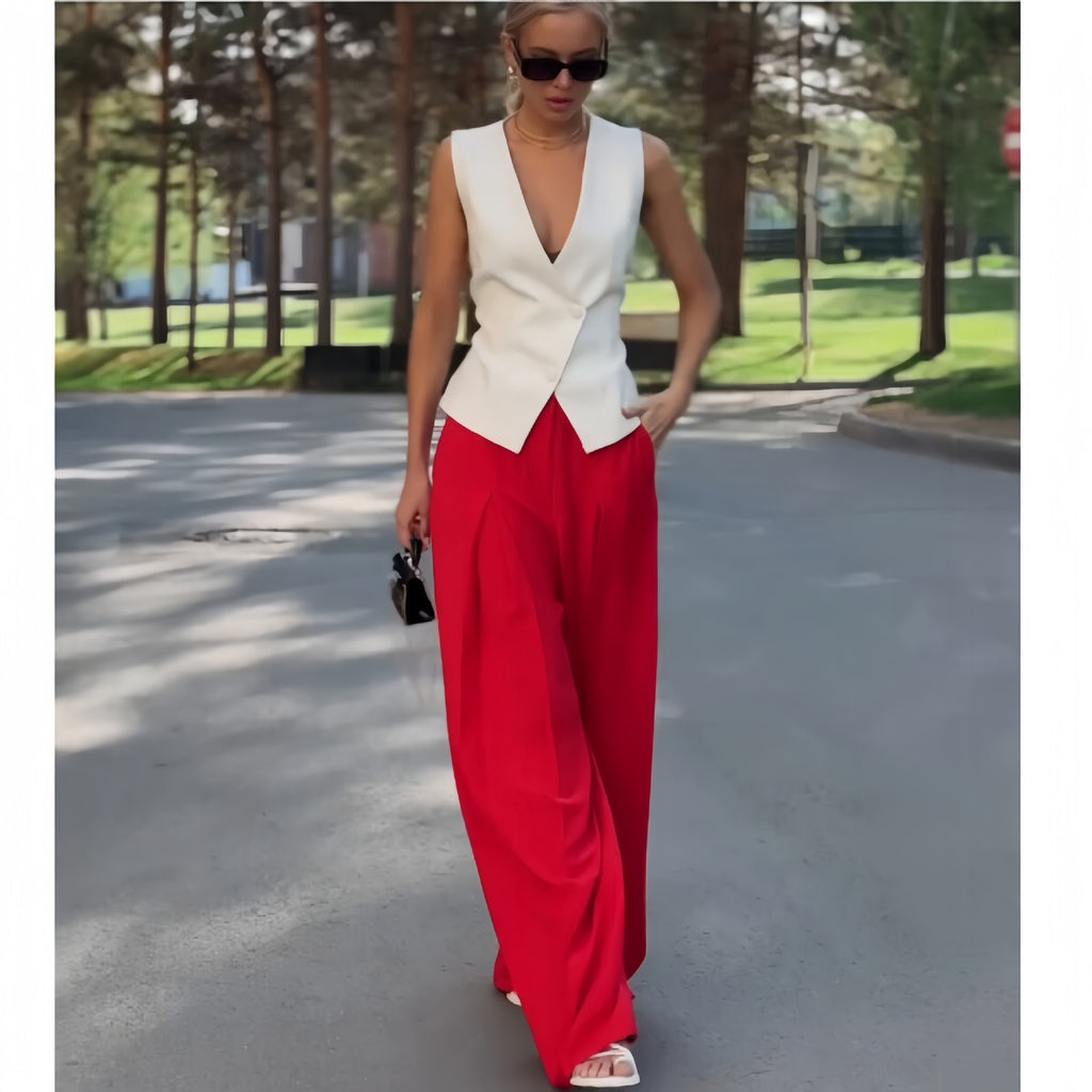 Sleeveless Top High /Waist Wide Leg Pants-- Two-piece Set