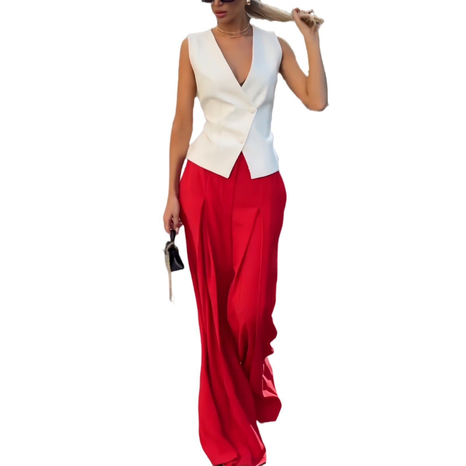 Sleeveless Top High /Waist Wide Leg Pants-- Two-piece Set