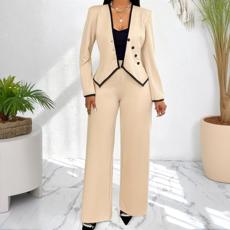 Two-Piece V-Neck Long Sleeve Blouse  & Straight Leg Wide Pants Set - Office Wear Suit For Spring&Fall