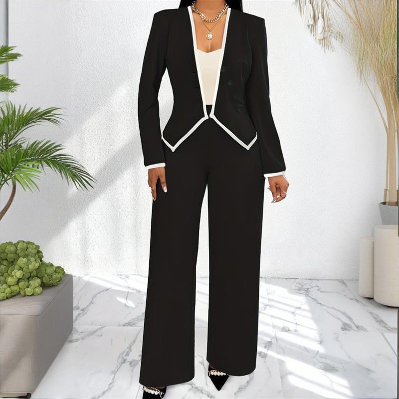 Two-Piece V-Neck Long Sleeve Blouse  & Straight Leg Wide Pants Set - Office Wear Suit For Spring&Fall