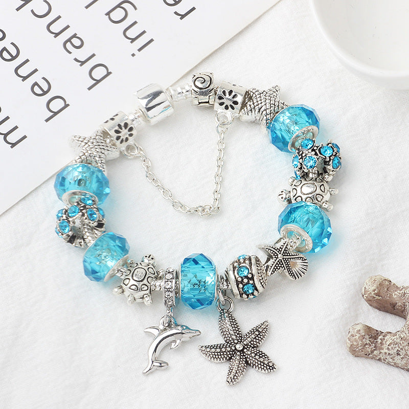 Blue Ocean Dolphin Starfish Pendant Beaded Bracelet