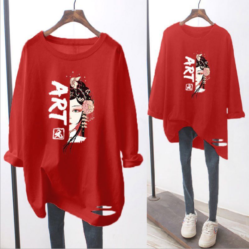 Ripped Long-sleeved White T-shirt Loose