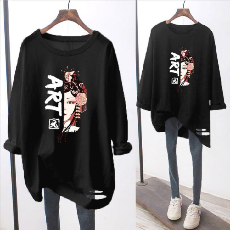 Ripped Long-sleeved White T-shirt Loose