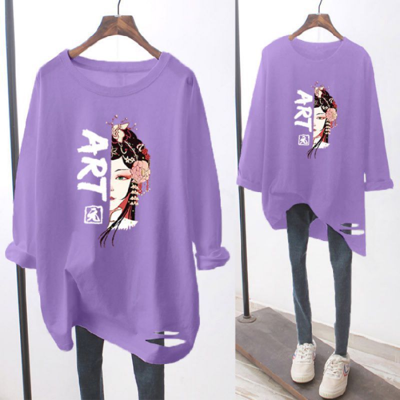 Ripped Long-sleeved White T-shirt Loose