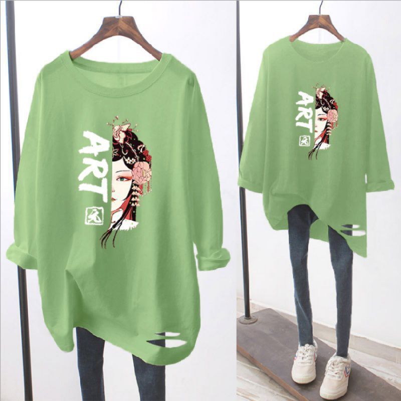 Ripped Long-sleeved White T-shirt Loose