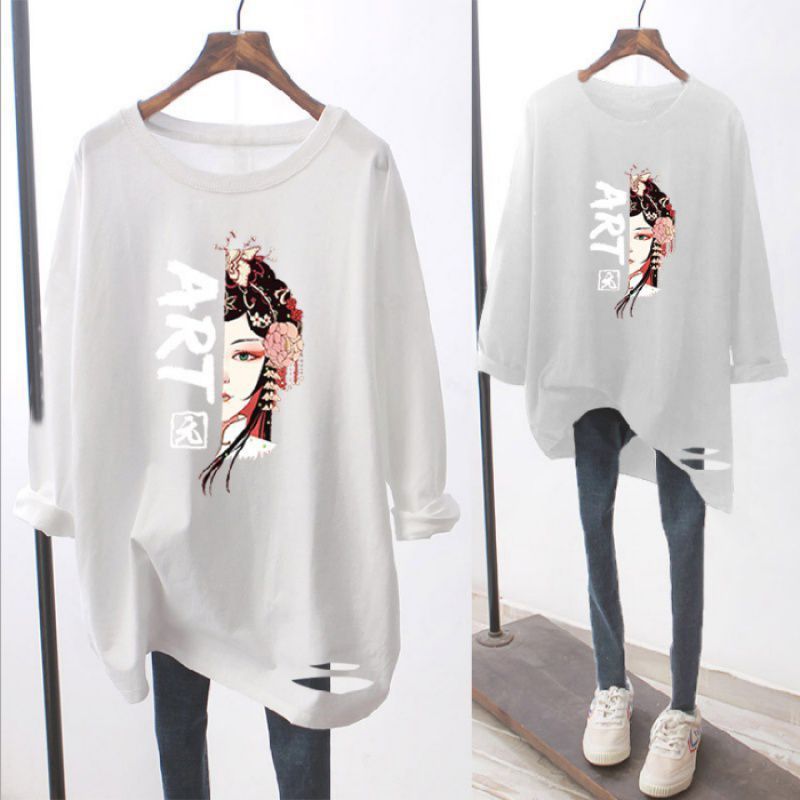 Ripped Long-sleeved White T-shirt Loose
