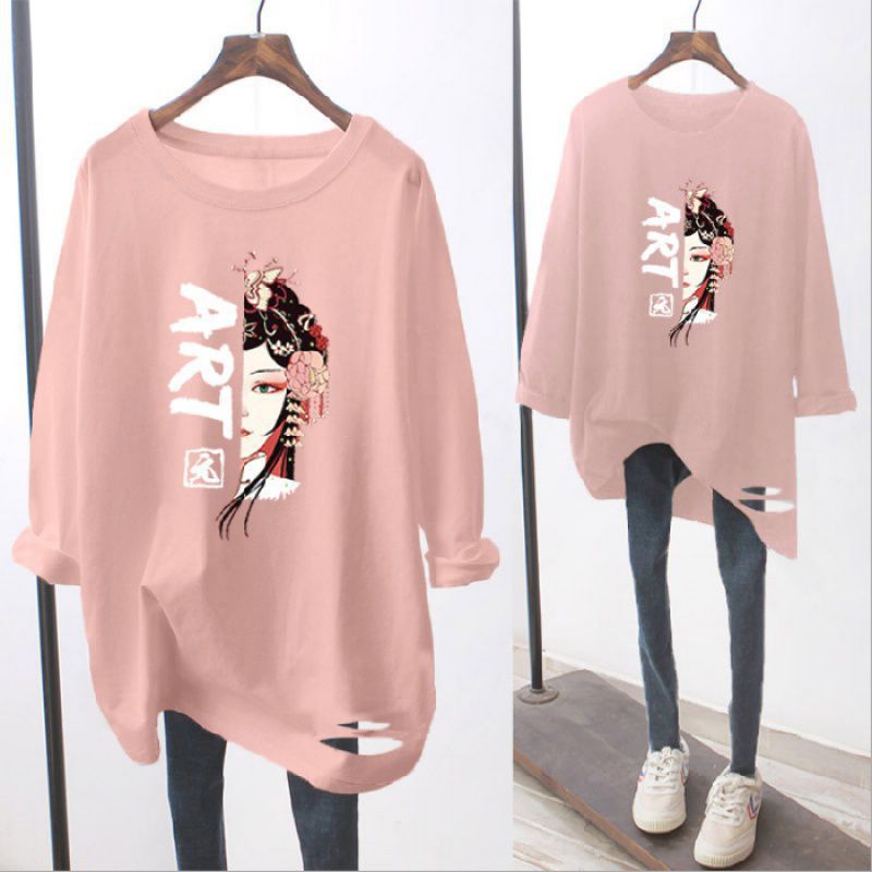 Ripped Long-sleeved White T-shirt Loose