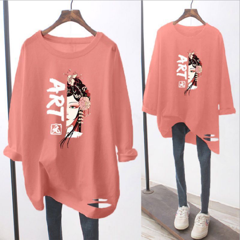 Ripped Long-sleeved White T-shirt Loose