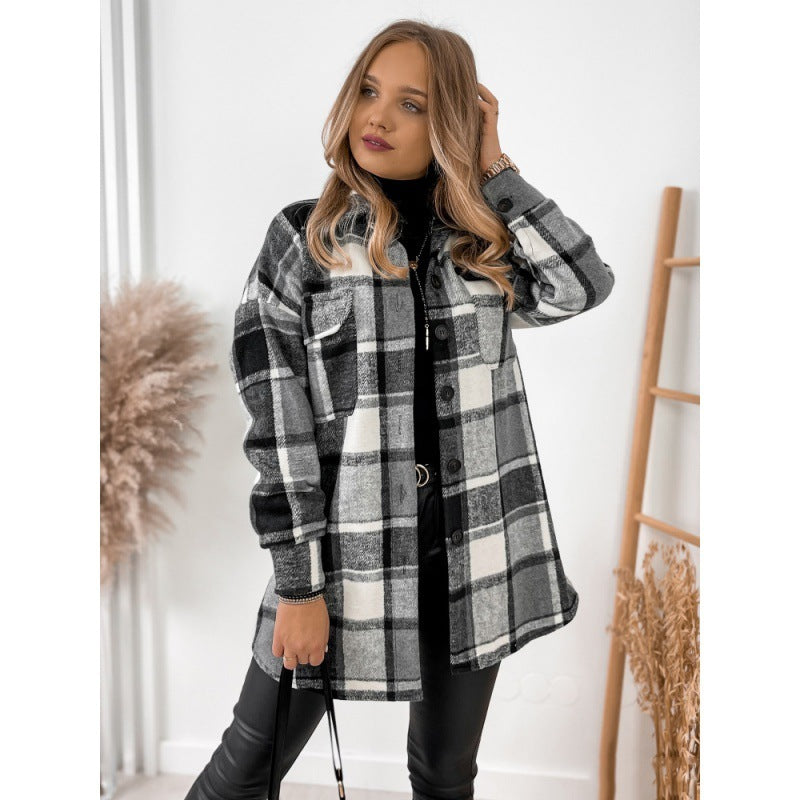 Plaid Printed Blouse Collar Woolen Coat