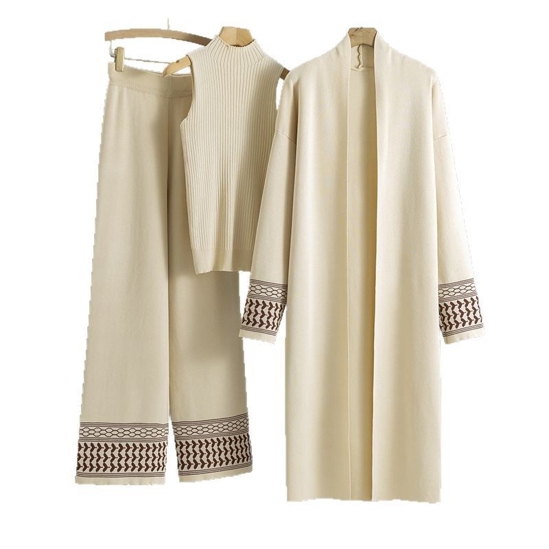 East Elegant Graceful Cardigan Robe/ Knitted Wide Leg Pants -Three-piece Set