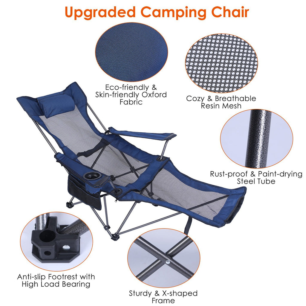 Foldable Camping Chair /Chair With Reclining Backrest Angle Cup Holder -Pillow Side Pocket- Carry Bag