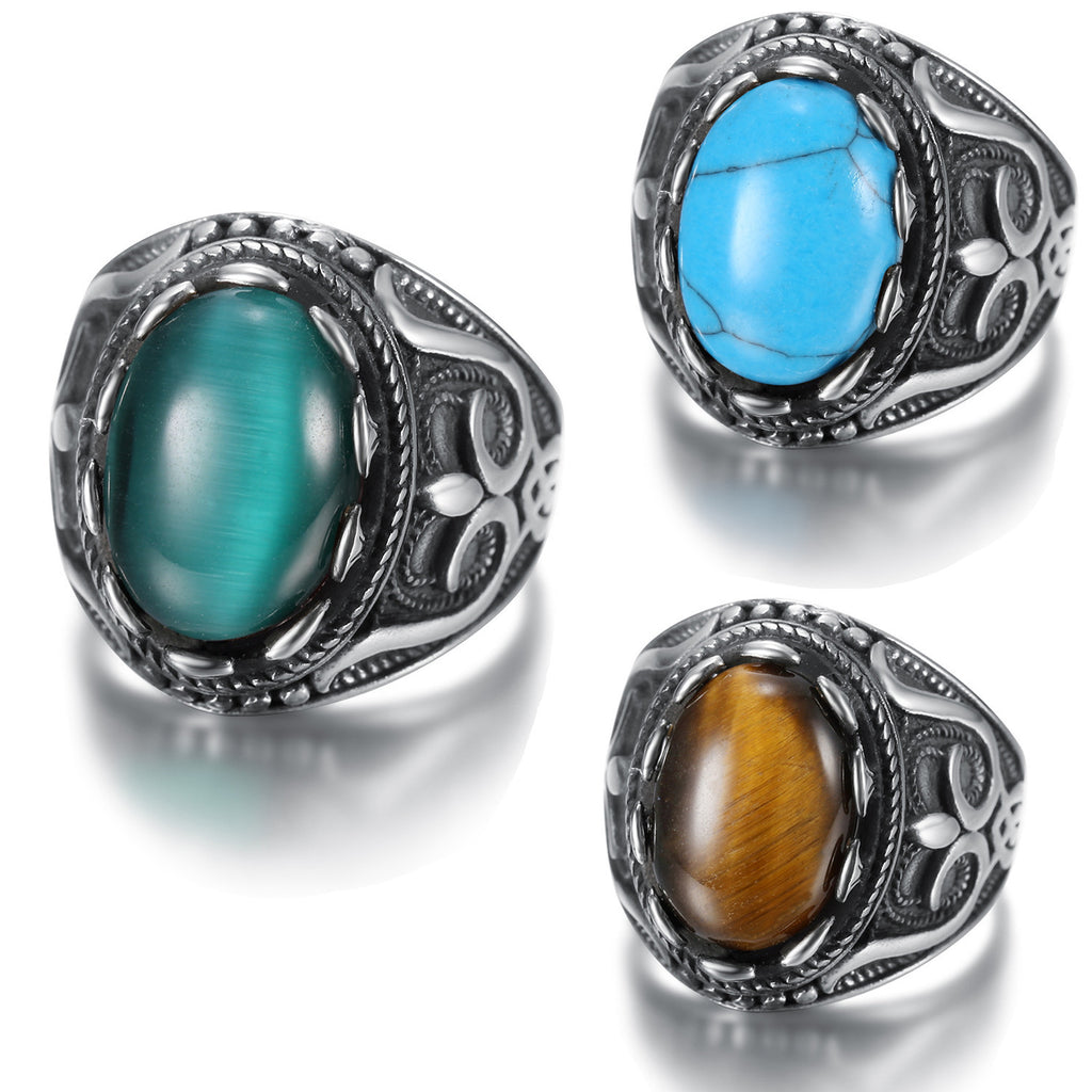 Men's Simple Oval Stainless Steel Gemstone Ring