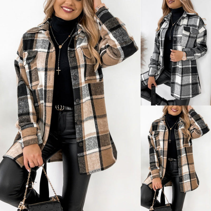 Plaid Printed Blouse Collar Woolen Coat