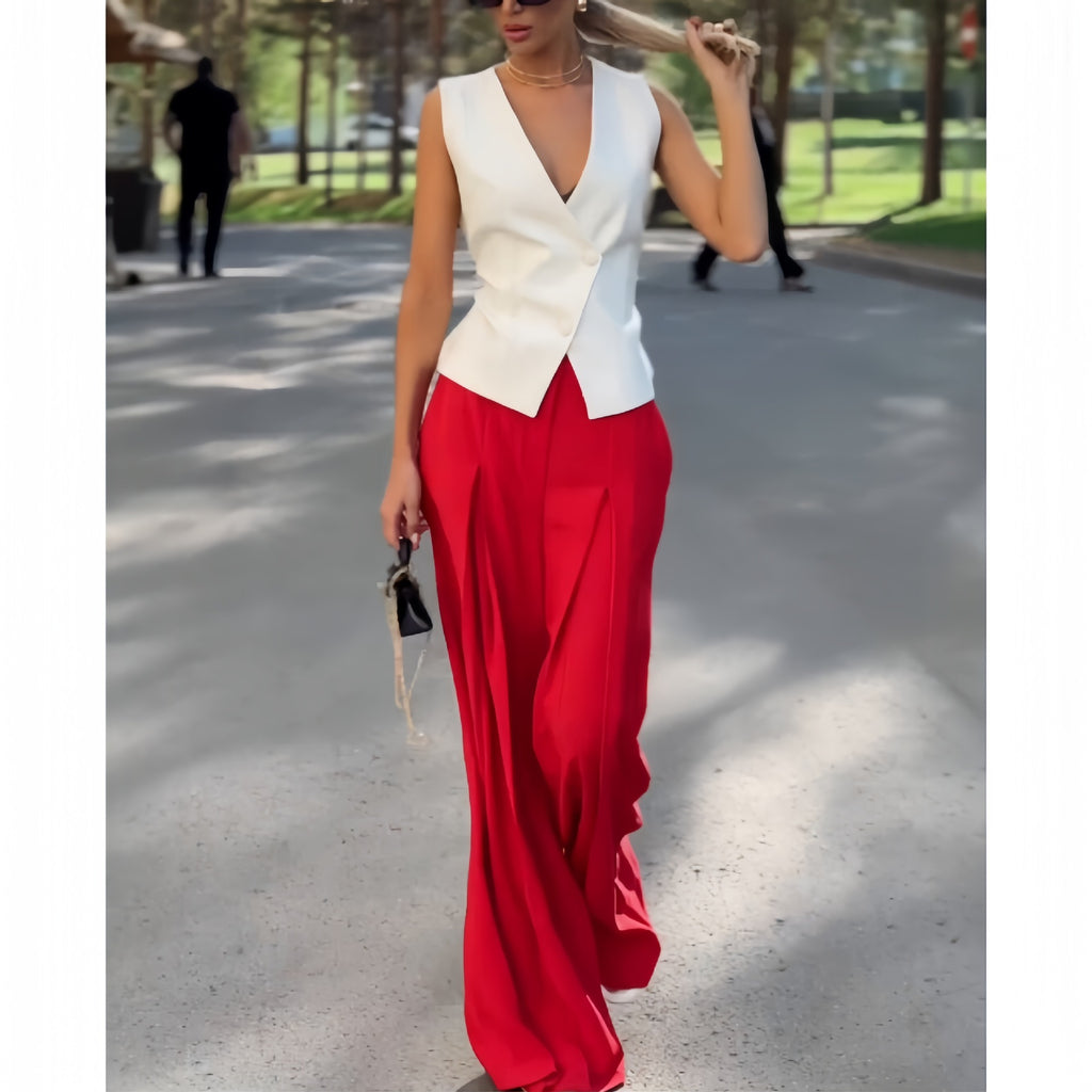 Sleeveless Top High /Waist Wide Leg Pants-- Two-piece Set