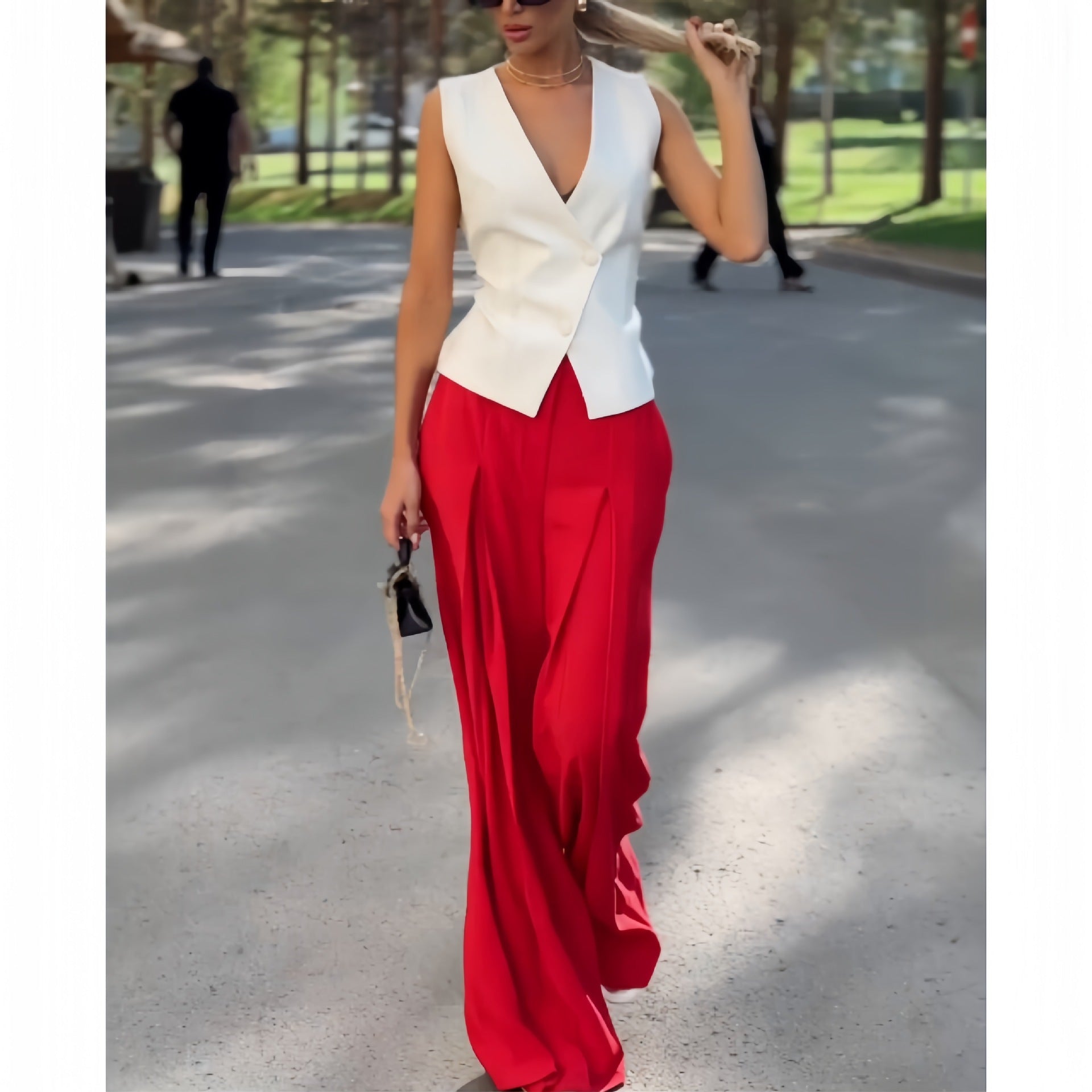 Sleeveless Top High /Waist Wide Leg Pants-- Two-piece Set