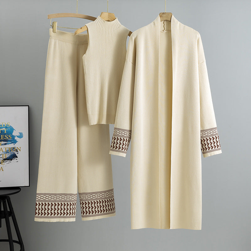 East Elegant Graceful Cardigan Robe/ Knitted Wide Leg Pants -Three-piece Set