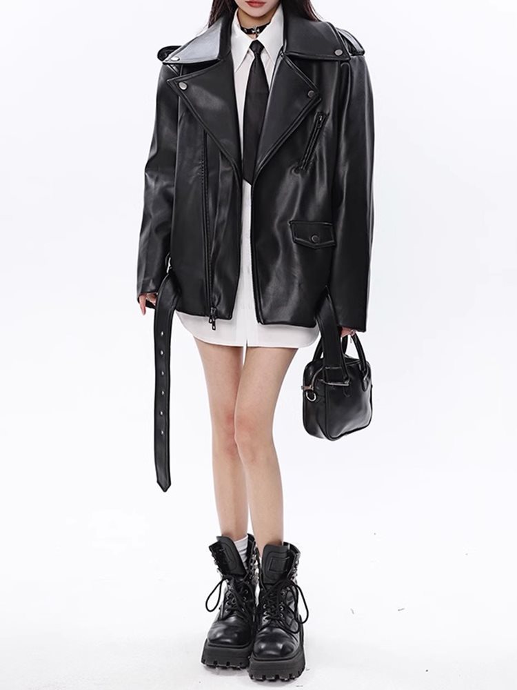 Leather Coat -Loose Motorcycle Jacket