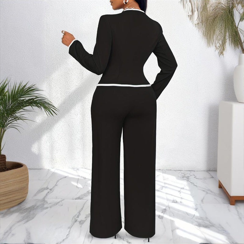 Two-Piece V-Neck Long Sleeve Blouse  & Straight Leg Wide Pants Set - Office Wear Suit For Spring&Fall