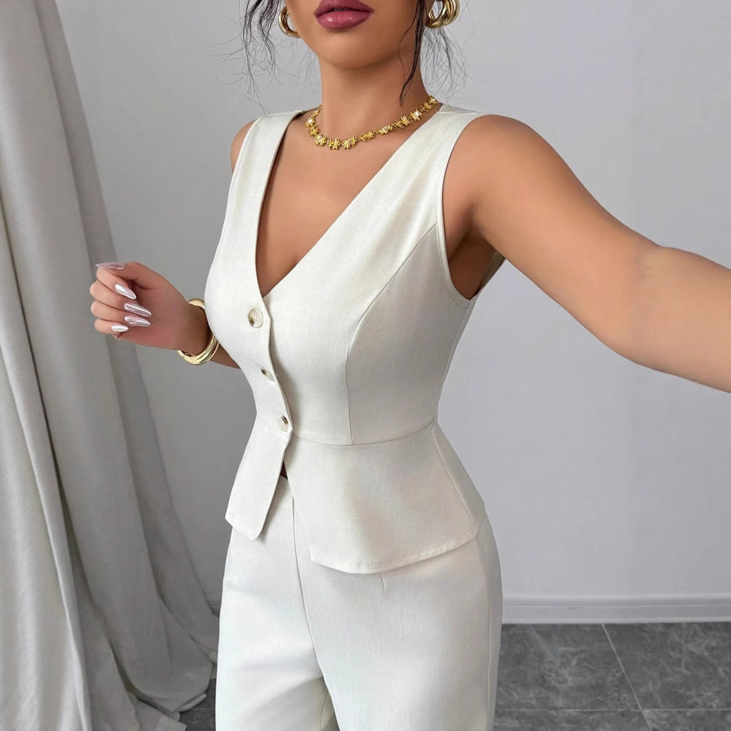 Sleeveless Slim Fit Vest /High Waist Trousers -Two-piece Set
