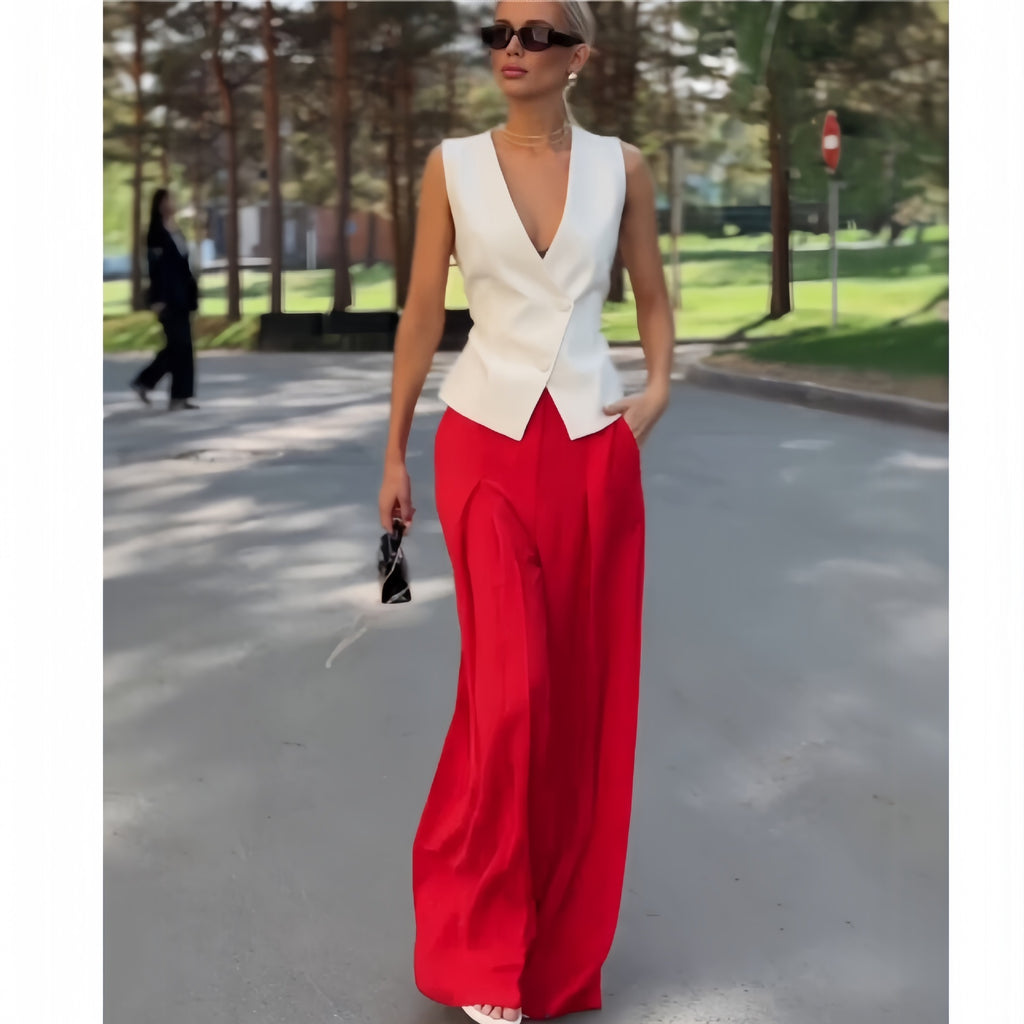 Sleeveless Top High /Waist Wide Leg Pants-- Two-piece Set