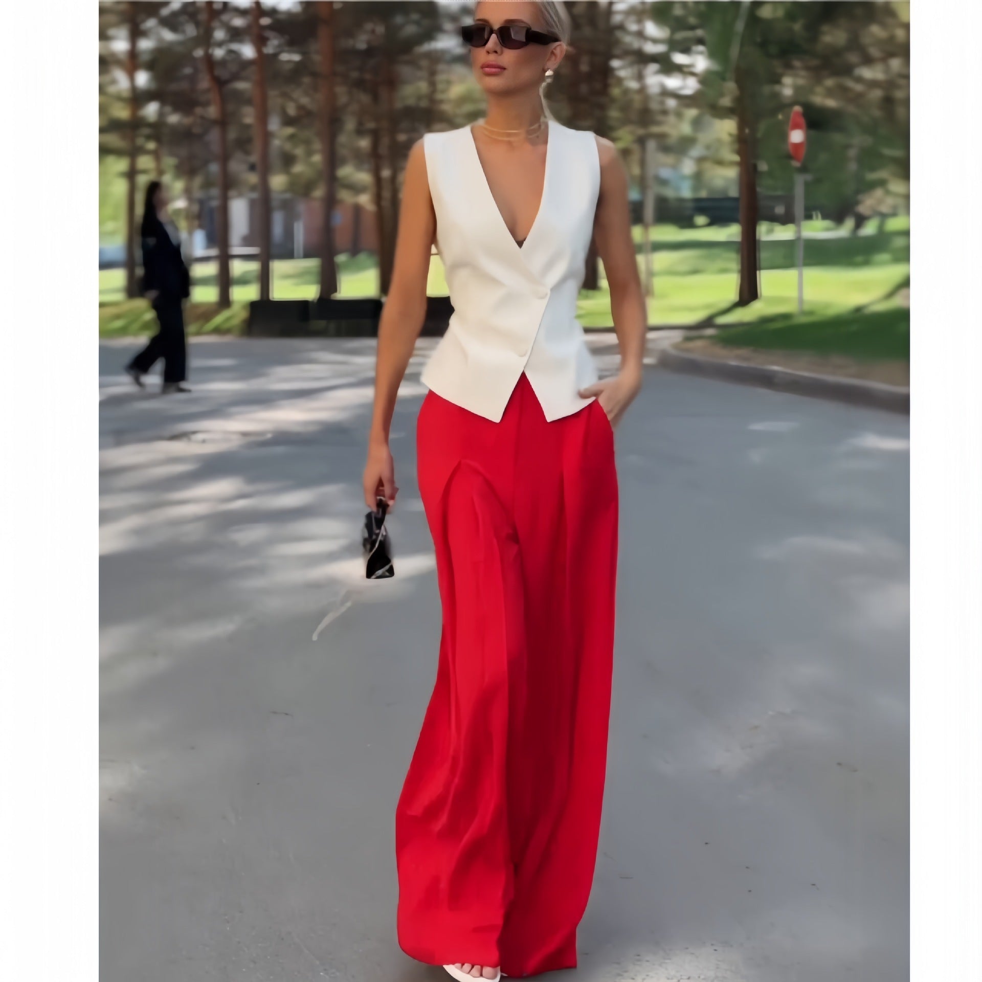 Sleeveless Top High /Waist Wide Leg Pants-- Two-piece Set