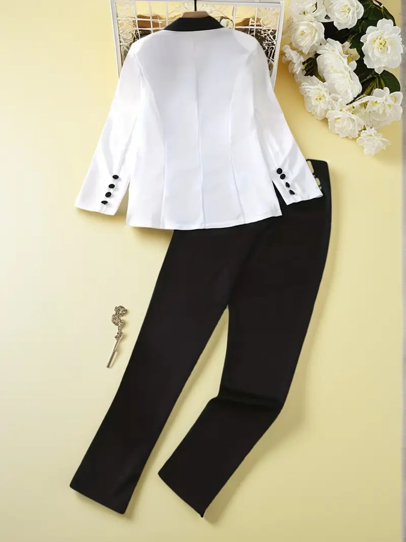 Two-piece Set/ Casual Double Row Button Front Suit Jacket And Straight Leg Pants/Fashionable Women's Clothing