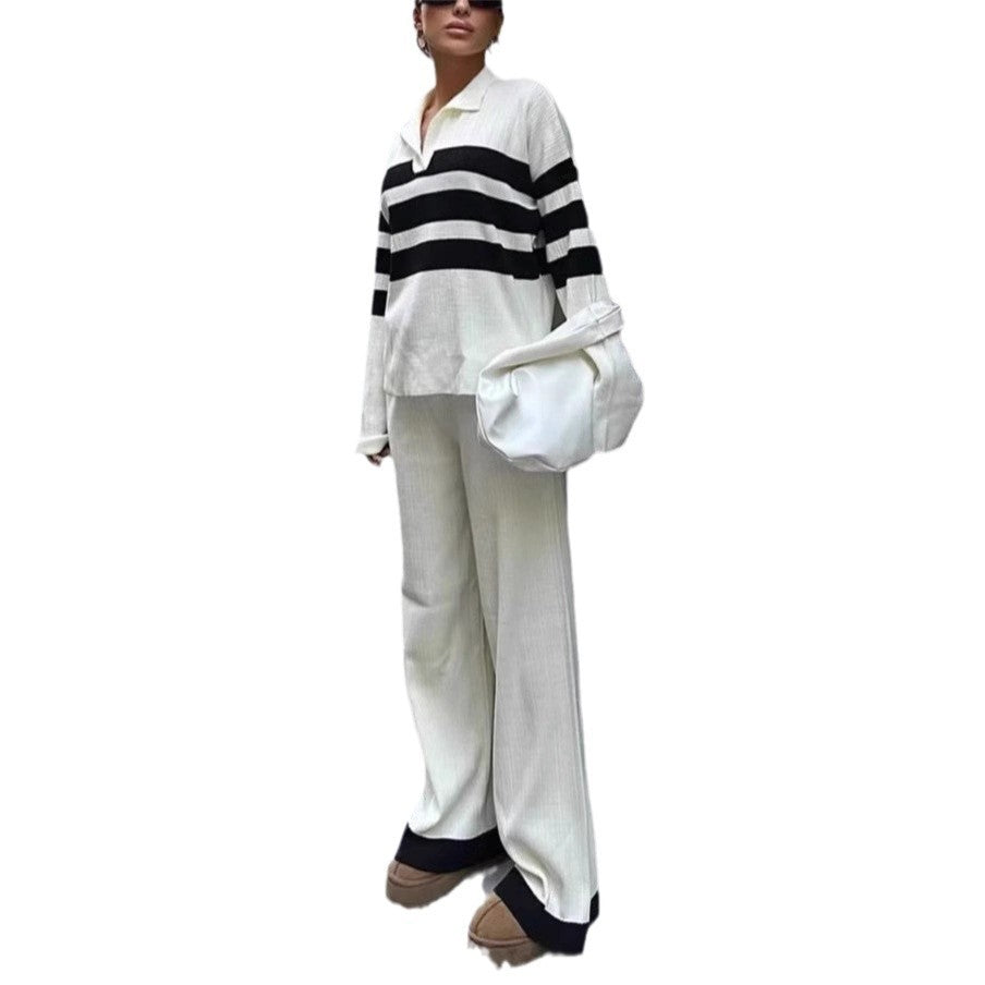 Polo Collar Striped Knitted Contrast Color- Two-piece Set