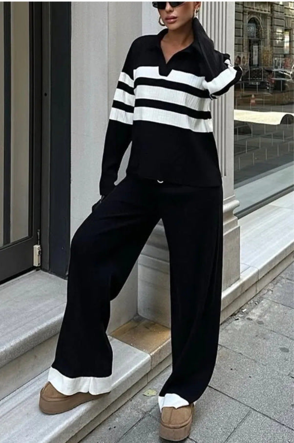 Polo Collar Striped Knitted Contrast Color- Two-piece Set