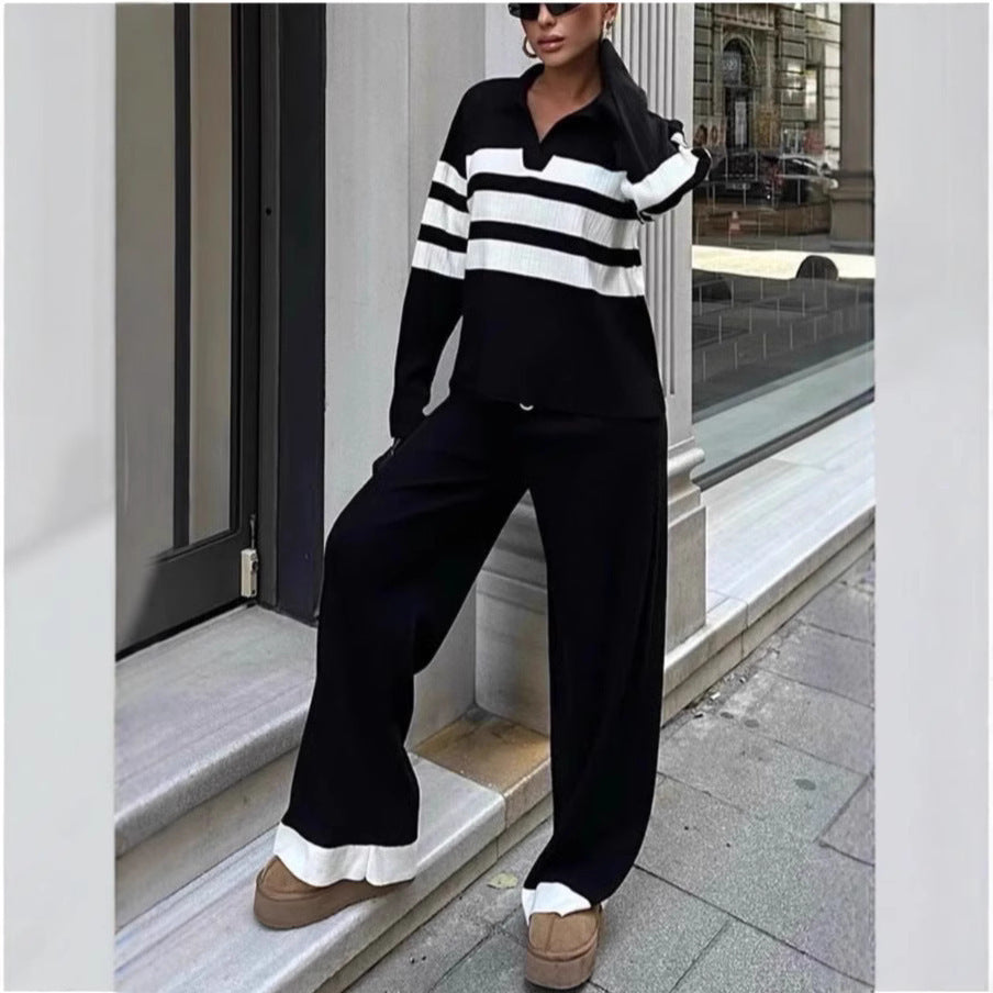 Polo Collar Striped Knitted Contrast Color- Two-piece Set
