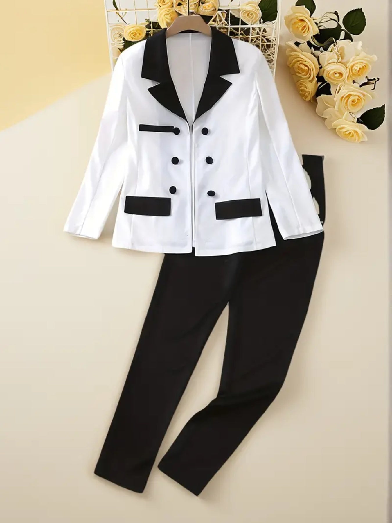 Two-piece Set/ Casual Double Row Button Front Suit Jacket And Straight Leg Pants/Fashionable Women's Clothing