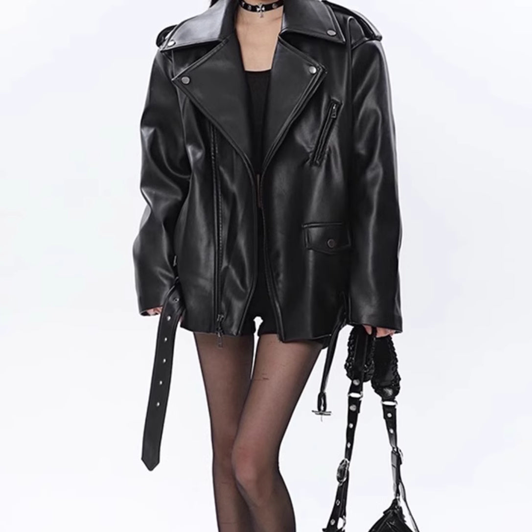 Leather Coat -Loose Motorcycle Jacket