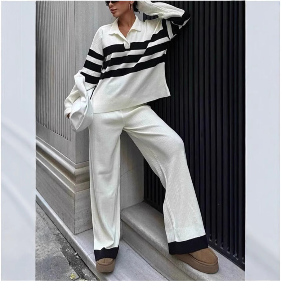 Polo Collar Striped Knitted Contrast Color- Two-piece Set