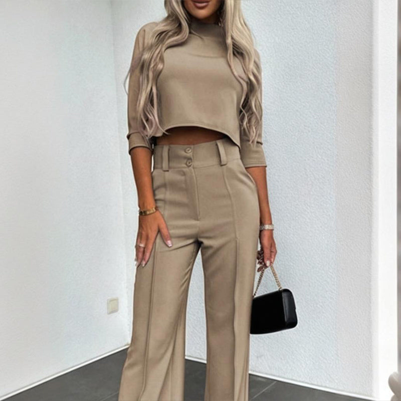 Half Sleeve Short Top With Straight Leg Pants /Two-Piece Office Wear Suit With Pockets