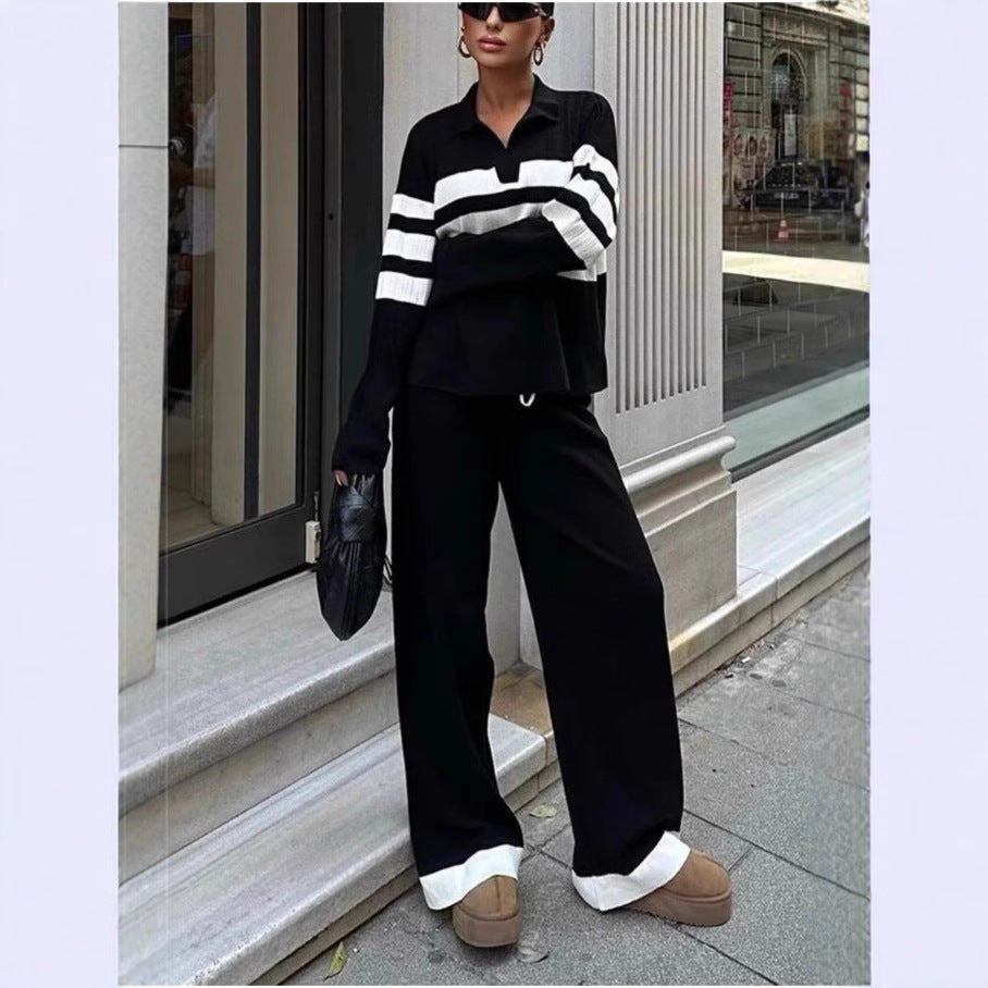 Polo Collar Striped Knitted Contrast Color- Two-piece Set