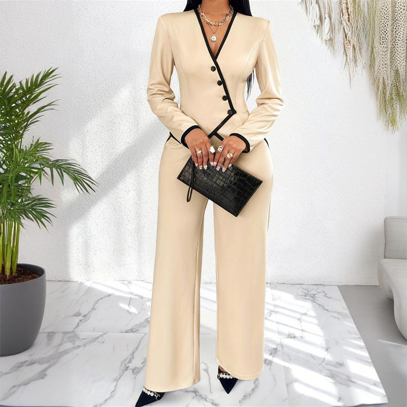 Two-Piece V-Neck Long Sleeve Blouse  & Straight Leg Wide Pants Set - Office Wear Suit For Spring&Fall