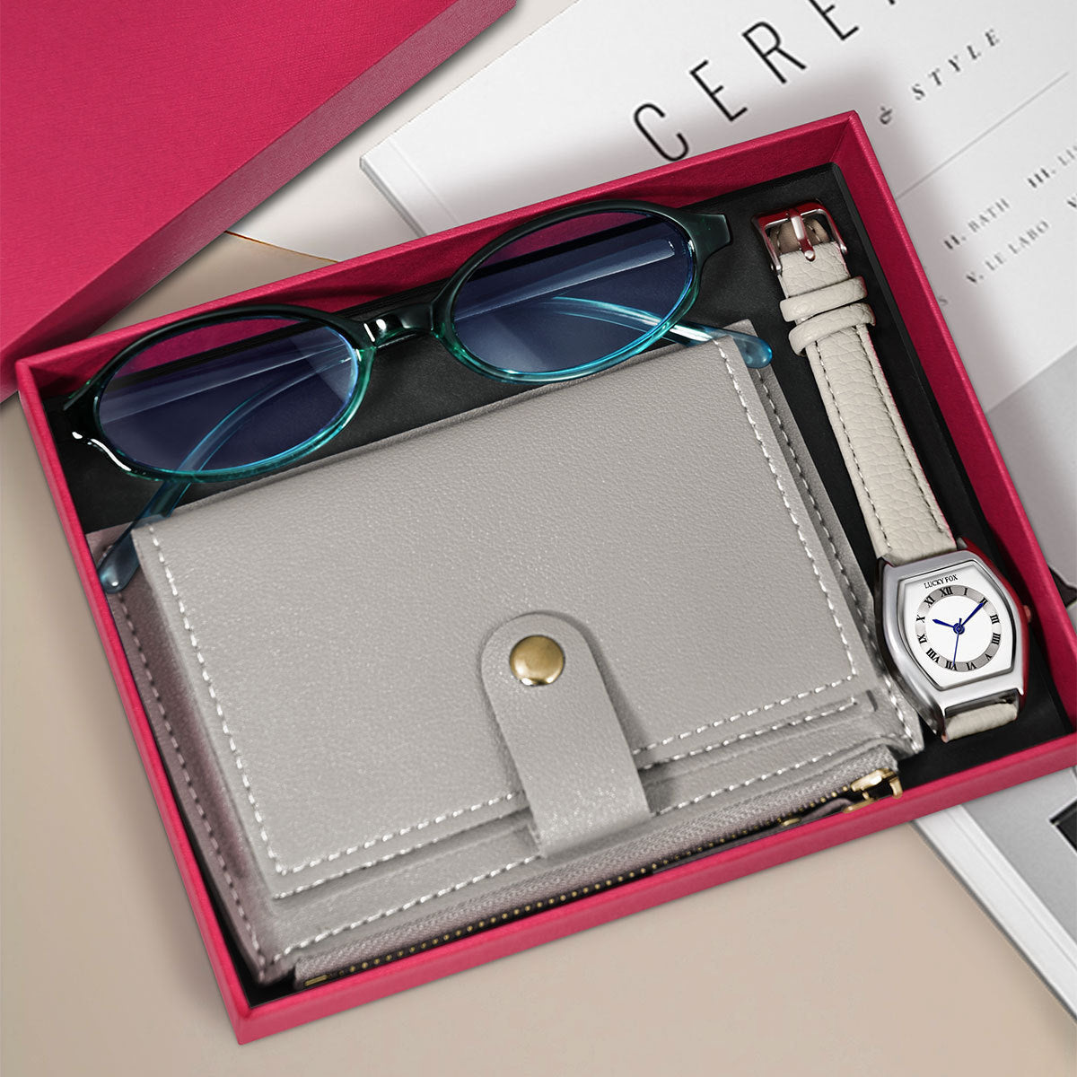 Vintage Women's Quartz Watch With Wallet Glasses Gift Set Box