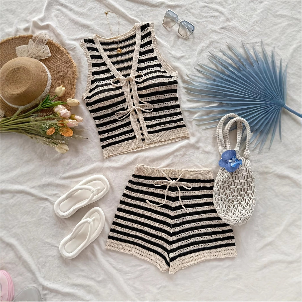 Spring And Summer Vacation Vest Rope /Cardigan Shorts /Women's Two-piece Suit