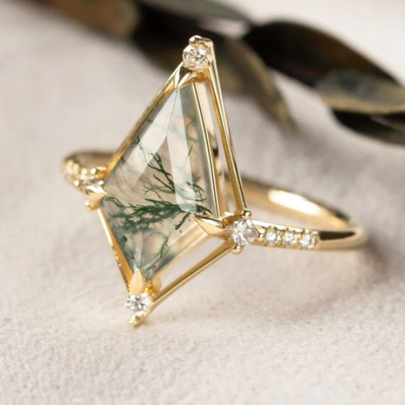 French Entry Lux Vintage S925 Silver Plating 14K Gold Water Plants Agate Ring