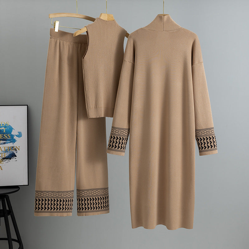 East Elegant Graceful Cardigan Robe/ Knitted Wide Leg Pants -Three-piece Set
