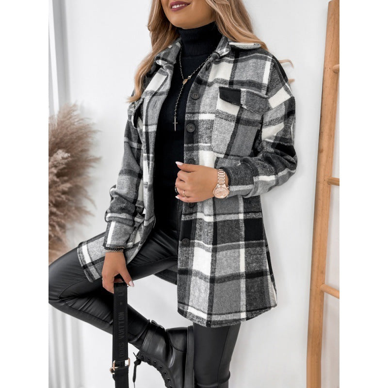 Plaid Printed Blouse Collar Woolen Coat