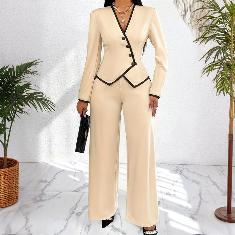 Two-Piece V-Neck Long Sleeve Blouse  & Straight Leg Wide Pants Set - Office Wear Suit For Spring&Fall