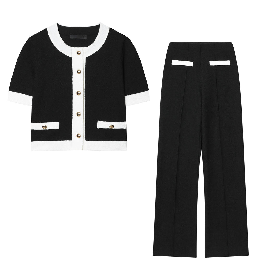 Leather Round Neck Top Stretch High-waisted Trousers Suit