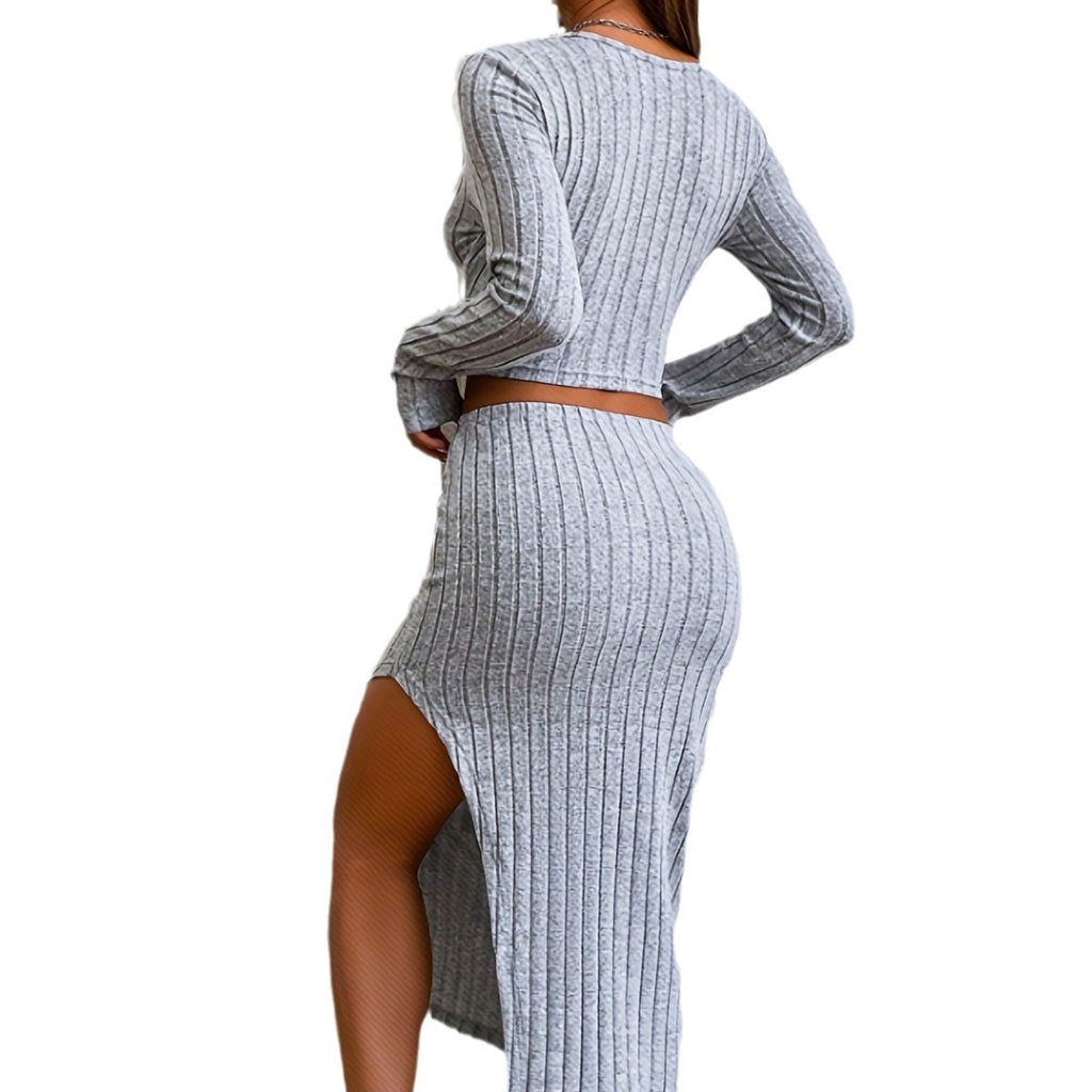 Round Neck Long Sleeved Side Slit /Skirt Set