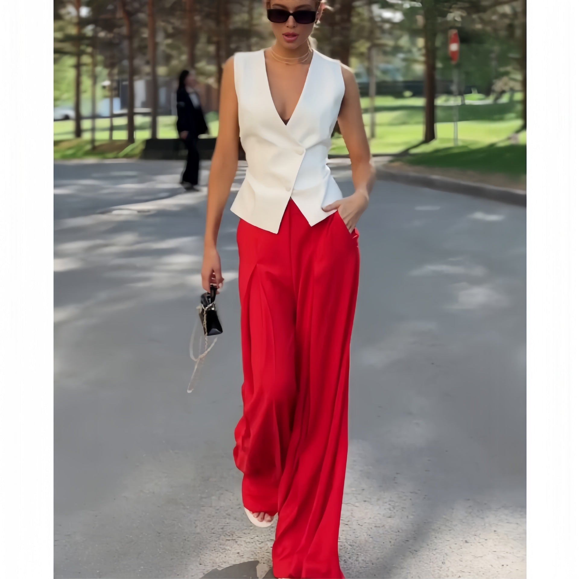 Sleeveless Top High /Waist Wide Leg Pants-- Two-piece Set