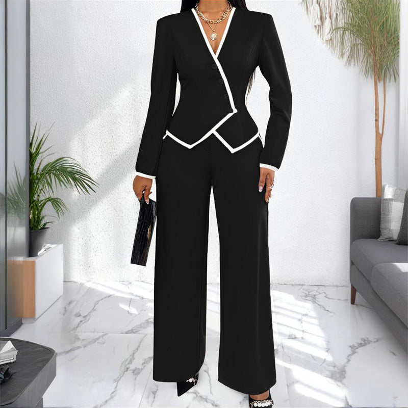 Two-Piece V-Neck Long Sleeve Blouse  & Straight Leg Wide Pants Set - Office Wear Suit For Spring&Fall